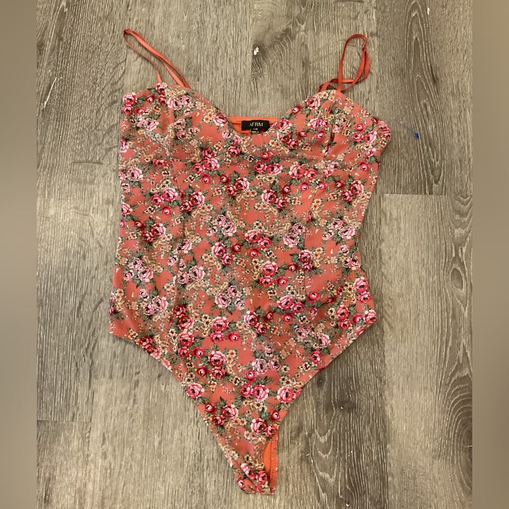AFRM Floral Mesh Tank Bodysuit Top Orange Pink Roses Size L